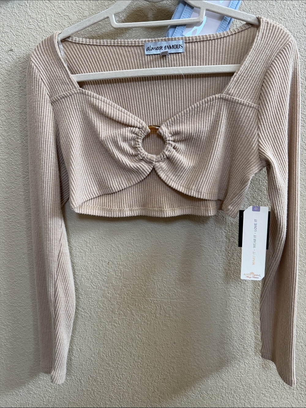 Almost Famous Beige Ribbed Long Sleeve Crop Top with Front Ring Detail